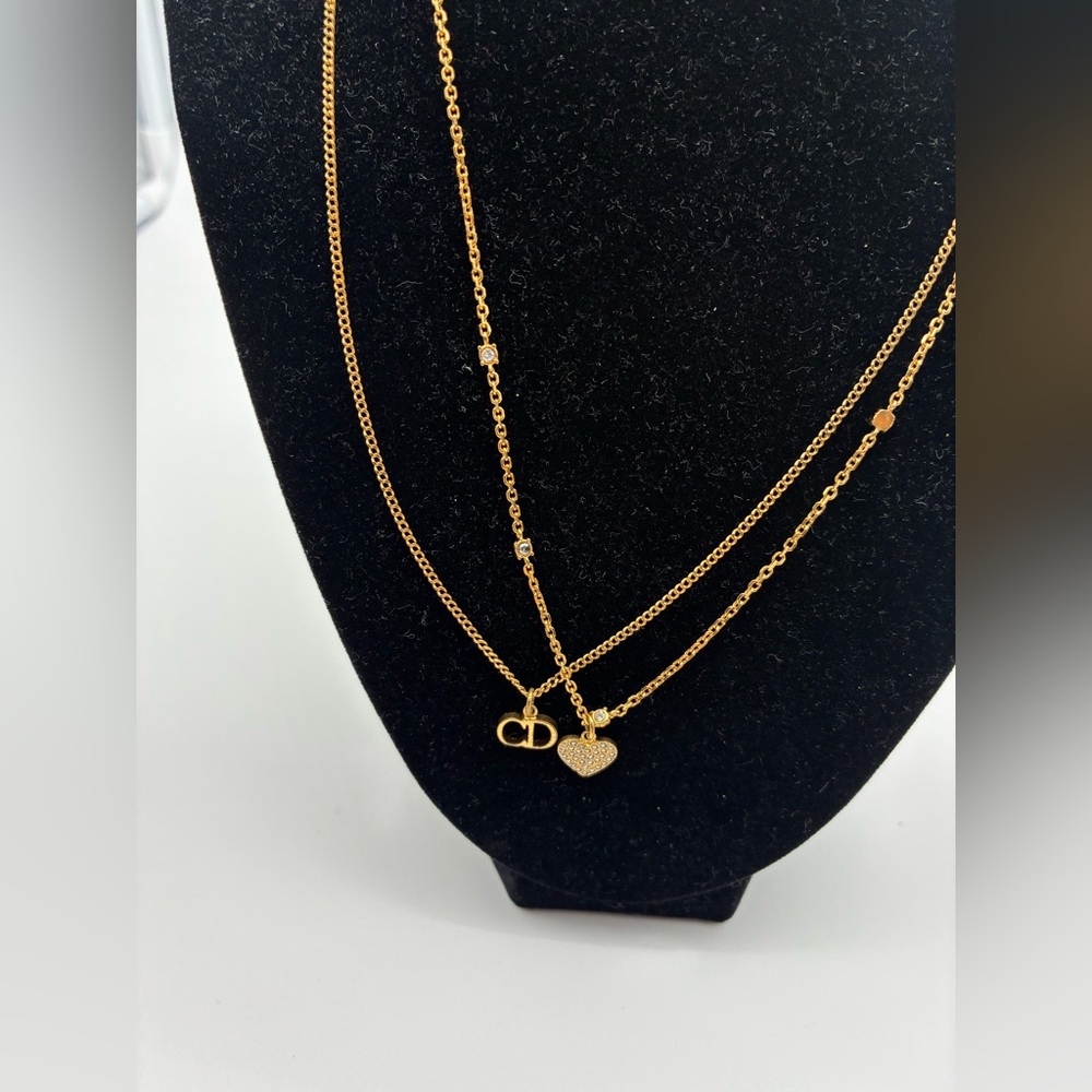 Christian Dior Gold Double-Layered Necklace with Heart and Logo Charms - Picture 2 of 7